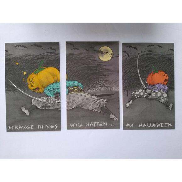 Halloween Postcard Set Of (3) Samurai Pumpkin Head Goblins Flying Rabbit 1993 - Picture 4 of 6